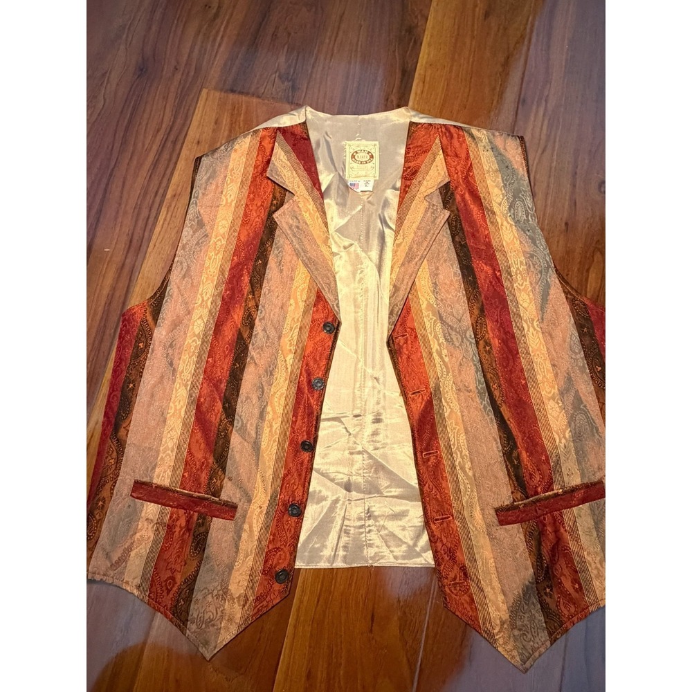 Wah Maker Vest Mens SZ L Red Brown Stripe Western Brocade Made In USA